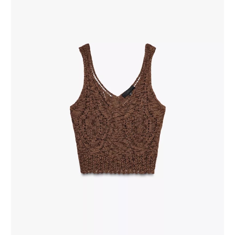 Zara POINTELLE KNIT TOP Brown M nwt